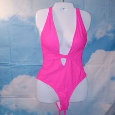 This Neon Barbiecore Pink 1-Piece Monokini Deep Plunge Swimsuit Features Super Long Ties For A Variety Of Styles Just One Is Shown, So Have Fun Playing With It Make It Fit Your Body, Your Way! Has Removable Bra Pads And Protective Hygienic Liner On Bottom. Size Large, Never Worn And Is New Without Tags. Unbranded. Like The Item But Not The Price? Make An Offer! Like More Than One Item? Make Or Request A Bundle And Save! #Pool #Beach #Vacation Summer V-neck Bodysuit For Club, Backless Bodysuit For Poolside And Beach Season, V-neck Bodysuit For Beach Season Swimming, Backless Bodysuit For Beach Season, Solid Color Bodysuit For Club And Beach Season, Trendy Backless Bodysuit For Poolside, Summer Club Bodysuit, Trendy Fitted V-neck Swimwear, One-piece Lined Swimwear For Club