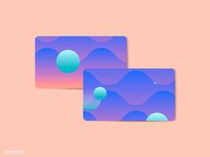 two purple and blue business cards sitting on top of a pink surface with circles in the middle