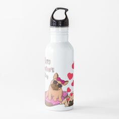 a white water bottle with a cartoon dog and hearts on the side that says happy valentine's day