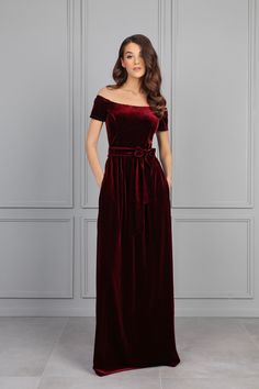 Dark Burgundy Velvet Dress, Bridesmaid Dress, Off The Shoulder Dress, Wedding Guest Dress, Evening Dress, Velvet Long Dress, Formal Dress. This dress is perfect for any occasion- can be like a bridesmaid dress, wedding guest dress, evening gown, mother of the bride dress, evening dress, reception dress, maid of honor dress or simple wedding dress. More Velvet dresses you can find here: https://www.etsy.com/shop/DesirCouture?ref=shop-header-name&listing_id=1164808298&from_page=listing&section_id= Fitted Red Dresses With Sashes, Red Fitted Dress With Sashes, Floor-length Wedding Dresses With Sashes, Couture Bridesmaid Dresses, Burgundy Velvet Dress, Burgundy Maxi Dress, Velvet Dress Long, Velvet Bridesmaid Dresses, Burgundy Bridesmaid