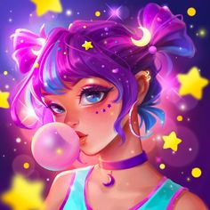 a girl with purple hair blowing bubbles in front of stars