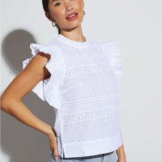 Beautiful Nwt White Eyelet Blouse With Stunning Ruffle Sleeve Size L Summer Short Sleeve Lace Top For Work, Chic Sleeveless Tops With Broderie Anglaise, Casual Broderie Anglaise Workwear Tops, Feminine Broderie Anglaise Tops For Brunch, Feminine Tops With Broderie Anglaise For Brunch, White Broderie Anglaise Blouse For Work, White Casual Lace Top With Ruffles, Casual White Lace Top With Broderie Anglaise, Elegant Broderie Anglaise Top For Brunch