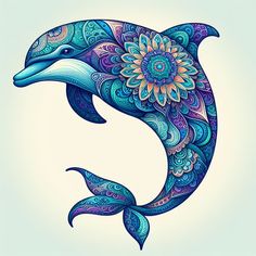 a dolphin with colorful patterns on it's body and its tail is in the shape of a flower