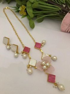 A Gift for someone most adorable for you. Earrings made of brass. Material : brass,pearl,stone. Earrings : 1 Pair. Necklace : 1 Luxury Fusion Necklace For Puja, Pair Necklace, Necklace Indian, Pearl Stone, Indian Necklace, Pink Jewelry, Christmas Deals, Brass Material, Stone Earrings