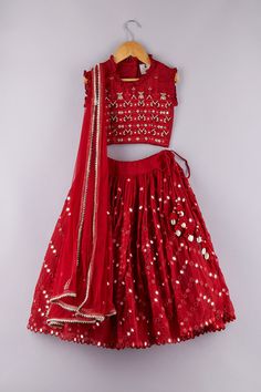 Maroon embroidered lehenga in thread and mirror work. Paired with an embroidered choli and dupatta.
Component: 3
Pattern: Embroidered
Type Of Work: Mirror work, Thread work
Neckline: Round
Sleeve Type: Sleeveless
Fabric: Banarasi
Color: Maroon
Other Details: 
Ruffle neckline
Embroidered hem dupatta
Occasion: Festive and Wedding - Aza Fashions Chaniya Choli For Kids, Sequin Lehenga, Lehenga Pattern, Mirror Work Lehenga, White Embroidered Blouse, Work Lehenga, Embroidered Hem, Kids Lehenga, Blouse Silk