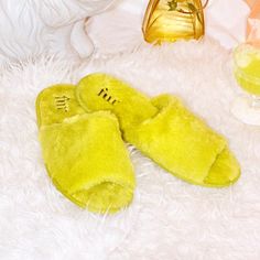 Brand New Plush, Yellow Slides One Size Fits All Yellow Slides, Faux Fur Slides, Shoes Yellow, Fur Shoes, Faux Fur Slippers, Fuzzy Slippers, Fur Slippers, Womens Slides, Fur Slides