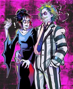 the joker and his girlfriend are dressed up as they stand next to each other in front of a purple background