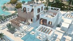 an artist's rendering of a beachfront home with swimming pool and hot tub