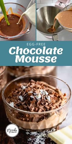 egg - free chocolate mousse recipe in glass bowls