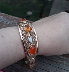 14k Gold Citrine Mexican Fire Opal Bangle Bracelet Stunning 35.5 Grams Exceptional One Of A Kind Collectible Gemstone Bangle Bracelets, Orange Bracelet For Formal Occasions, Formal Orange Bracelet Jewelry, Formal Orange Bracelet, Heirloom Gemstone Bangle Bracelets, Heirloom Gemstone Bangle Bracelet, Elegant Orange Gemstone Bracelet, Elegant Orange Bangle Jewelry, Elegant Orange Bangle Bracelet