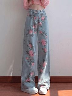 Floral High Rise Boyfriend Jeans - HouseofHalley Cute Jeans Design, Long Shirts Styles, Cotton Clothes Design, Jeans With Designs On Them, Foral Pants, Jeans Art Ideas, Aesthetic Pants Jeans, Pink Clothing Aesthetic, Floral Outfit Aesthetic