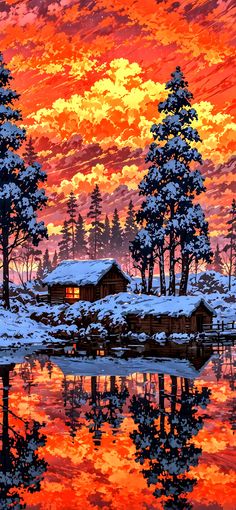 a painting of snow covered trees and a cabin in the distance with red sky reflected in water