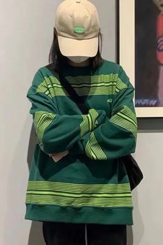 Long Sleeve Retro Striped O-Neck Sweatshirt – Nada Outfit Land Green Long Sleeve Sweater With Graphic Print, Green Winter T-shirt, Winter Striped Long Sleeve T-shirt, Green Long Sleeve T-shirt For Fall, Green Oversized Retro Sweatshirt, Oversized Green Retro Sweatshirt, Green Long Sleeve T-shirt, Retro Green Oversized Sweatshirt, Green Long Sleeve Sweatshirt With Graphic Print