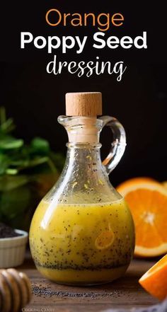 orange poppy seed dressing in a glass bottle