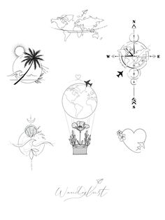 a drawing of different types of objects on a white background with the words wander written in black ink