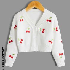 Brand New Condition. Worn Once. Size 4y But Cropped Cute Spring Cardigan For School, Cute Embroidered Cotton Cardigan, Cute White Cotton Cardigan, Cute Red Spring Cardigan, Shein Shirts, Cherry Sweater, Cherry Shirt, Tops Shein, Embroidered Cardigan