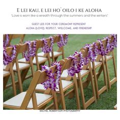 an image of a wedding ceremony with purple orchids on the back of wooden chairs