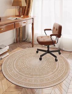 an office chair sitting on top of a wooden floor next to a desk with a lamp