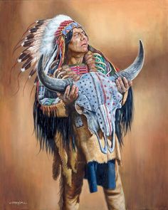 an oil painting of a native american man holding a cow skull