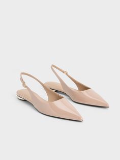 Nude Patent Pointed-Toe Slingback Flats - CHARLES & KEITH US Charles And Keith Shoes, Flat Slingback Shoes, Formal Flats, Charles And Keith, Nude Flats, Wedding Flats, Nude Shoes, Slingback Flats, Faux Leather Heels