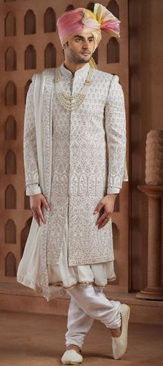 White and Off White color Sherwani in Art Silk fabric with Bugle Beads, Embroidered, Sequence, Thread work White Churidar With Resham Embroidery For Reception, White Kurta With Cutdana For Reception, White Churidar For Reception And Eid, White Churidar For Eid Reception, White Churidar For Reception Or Eid, White Cutdana Kurta For Reception, White Semi-stitched Churidar For Reception, Traditional White Kurta For Ceremony, Resham Embroidered Fabric For Diwali Ceremony