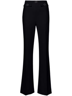 black crepe texture tonal logo plaque logo-embossed buttons two decorative button flaps pressed crease concealed side zip fastening flared straight hem long length Flared Trousers, Bell Bottom Pants, Flare Trousers, Long Length, Bell Bottoms, Emboss, Bottoms Pants, Side Zip, Womens Bottoms