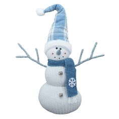 a snowman wearing a blue hat and scarf