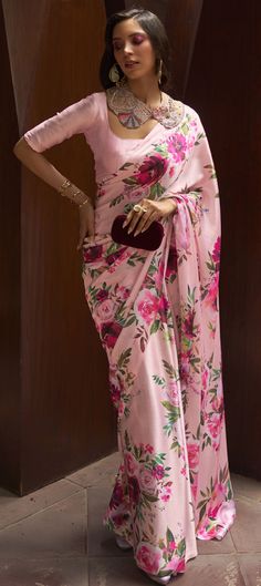 Floral Print Sarees, Floral Saree, Crepe Saree, Baby Pink Colour, Bollywood Style, Orange Colour, Satin Saree, Designer Sarees Online, Printed Saree