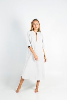 "This carefully tailored women's midi dress is made of cool and light pure linen. It's a stylish outfit for women with distinct taste, for any occasion. NO BUTTONS, NO BUTTONHOLES, NO ZIPS. ZERO SHRINKAGE FITTING: The model appearing in the photo is 176cm (5' 9\") tall and features an S size dress. SMALL Bust (all-around) 111cm/ 43.7\" Waist (all-around) 103cm/ 40.5\" Hips (all-around) 111cm/ 43.7\" Length 120cm/ 47.2\" MEDIUM Bust (all-around) 118cm/ 46.5\" Waist (all-around) 110cm/ 43.5\" Hips Work Casual Outfit, Summer Work Casual, Dress Small Bust, Classic Linen Dress, Jasmine Dress, Outfit For Women, Vegan Clothing, Summer Linen Dresses, Summer Work