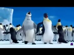 penguins are standing in the middle of an animated scene