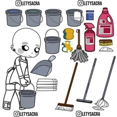 the cartoon character is cleaning up his house with buckets and mop, gloves