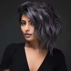 Eclipse Black with Gray Contouring Gunmetal Gray Hair, Grey And Black Hair Color, Blending Gray With Black Hair, Grey Hair Color Ideas For Brunettes, Dark Gray Hair Color, Black Hair With Silver, Black And Gray Hair, Charcoal Grey Hair, Gray Transition