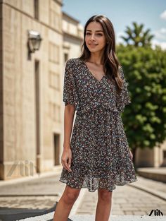 Zlily - Elegant Floral Print V-Neck Slim Dress: A Versatile & Chic Addition to Womens Spring & Summer Wardrobe Bohemian V-neck Floral Dress For Summer, Summer Boho V-neck Dress With Floral Print, Patterned Floral Print V-neck Boho Dress, Casual V-neck Floral Dress With Ruffle Hem, Bohemian Floral Print V-neck Summer Dress, Boho Fits, Ruffle Pattern, Spring Summer Wardrobe, Slim Dress