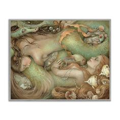 a painting of two mermaids swimming in the ocean with fish and shells around them