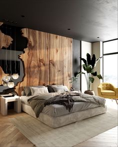 a large bed sitting in the middle of a bedroom next to a tall wooden wall