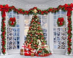 Christmas tree photo backdrop with winter scene through windows Christmas Photo Wall Walmart, Christmas Arch Lowe's, Macys Christmas Windows, Backdrop For Christmas Tree, Tree Photo Backdrop, Window Decor Diy, Diy Christmas Window, Christmas Tree Photo, Holiday Backdrop