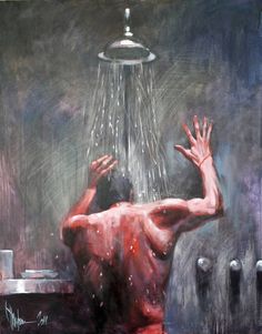 a painting of a man in the shower with his hands up to the faucet