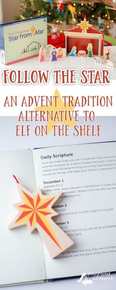 an open book with the title follow the star an adventure tradition alternative to elf on the shelf