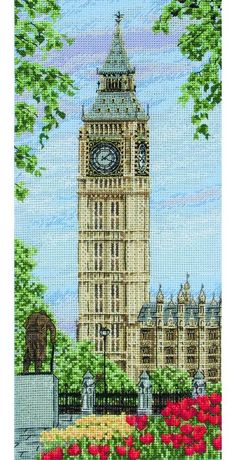 the big ben clock tower towering over the city of london with red flowers in front