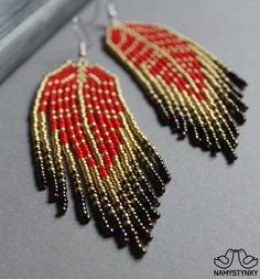 Leaf Red Long earrings Autumn Chandelier beaded earrings Gold | Etsy Elegant Red Earrings With Gold Beads, Red Bohemian Beaded Earrings With Gold Beads, Bohemian Red Beaded Earrings With Gold Beads, Red Gold Beaded Drop Earrings, Beading Earrings, Fringe Earring, Beadwork Earrings, Popular Earrings, Bead Fringe