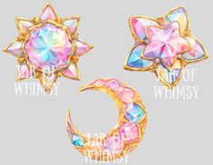 three different types of brooches with stars and moon