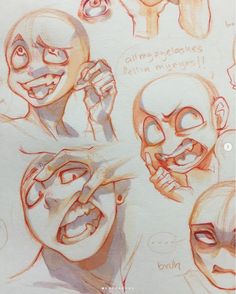 four different facial expressions drawn in pencil on paper