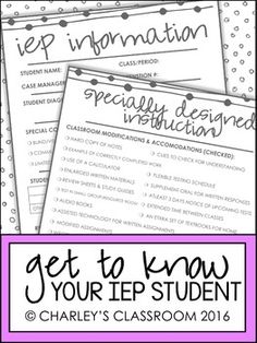 three posters with the words get to know your iep student and an information sheet