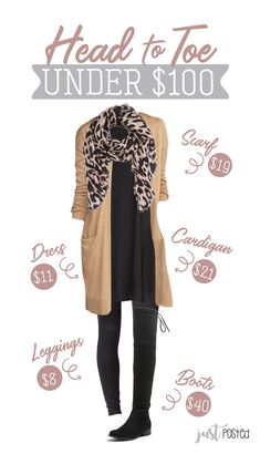 Need an entire new look from head to toe for under $100 for fall??!! This look is perfect and full of great layering options! This leopard scarf is a Just Posted favorite! Add it to the dress, cardigan, leggings & boots and this look is perfect for fall! Please note, the pricing on some items might be a little bit different. Old Navy & Target run wonderful sales that change frequently! When this look was made, these were the prices. #ShopStyle #shopthelook #justposted #justpostedblo... Mode Tips, 60 Fashion, Mode Casual, Work Outfits Women, Fashion Over 50, Work Fashion, Work Casual, Outfits Casuales