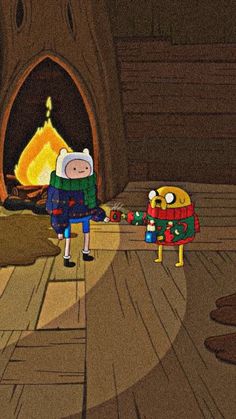 an animated cartoon character standing in front of a fire place