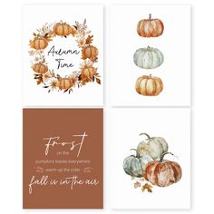 four cards with pumpkins and leaves on them, one has the words autumn time