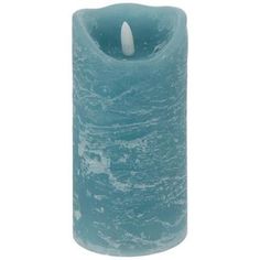 a blue candle that is sitting on a white surface with water in the middle and one light at the end