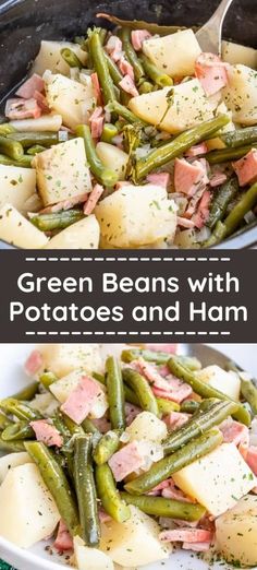 green beans with potatoes and ham in a skillet