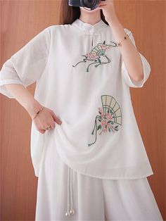 Description Product ID: TP2051717 Material: Cotton, Linen Pattern: Embroidery Closure: Pullover Sleeve: Half Sleeve Season: Summer Style: Elegant, Vintage Occasion: Daily, Travel, Dating Package included 1 * Shirt Size Chart (Asian Size) Please allow 1-3 cm measured error. Size Length Chest Sleeve Length M 67cm | 26.4 in 100cm | 39.4 in 30cm | 11.8 in L 68cm | 26.8 in 104cm | 40.9 in 31cm | 12.2 in XL 69cm | 27.2 in 108cm | 42.5 in 32cm | 12.6 in XXL 70cm | 27.6 in 112cm | 44.1 in 33cm | 13.0 in Female Half Sleeve, Fan Embroidery, Half Sleeve Shirt, Linen Pattern, Half Sleeve Shirts, Peach Blossom, Pattern Embroidery, Peach Blossoms, Style Elegant