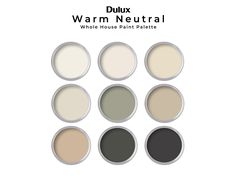 six different shades of paint with the words duux warm neutral in each one corner